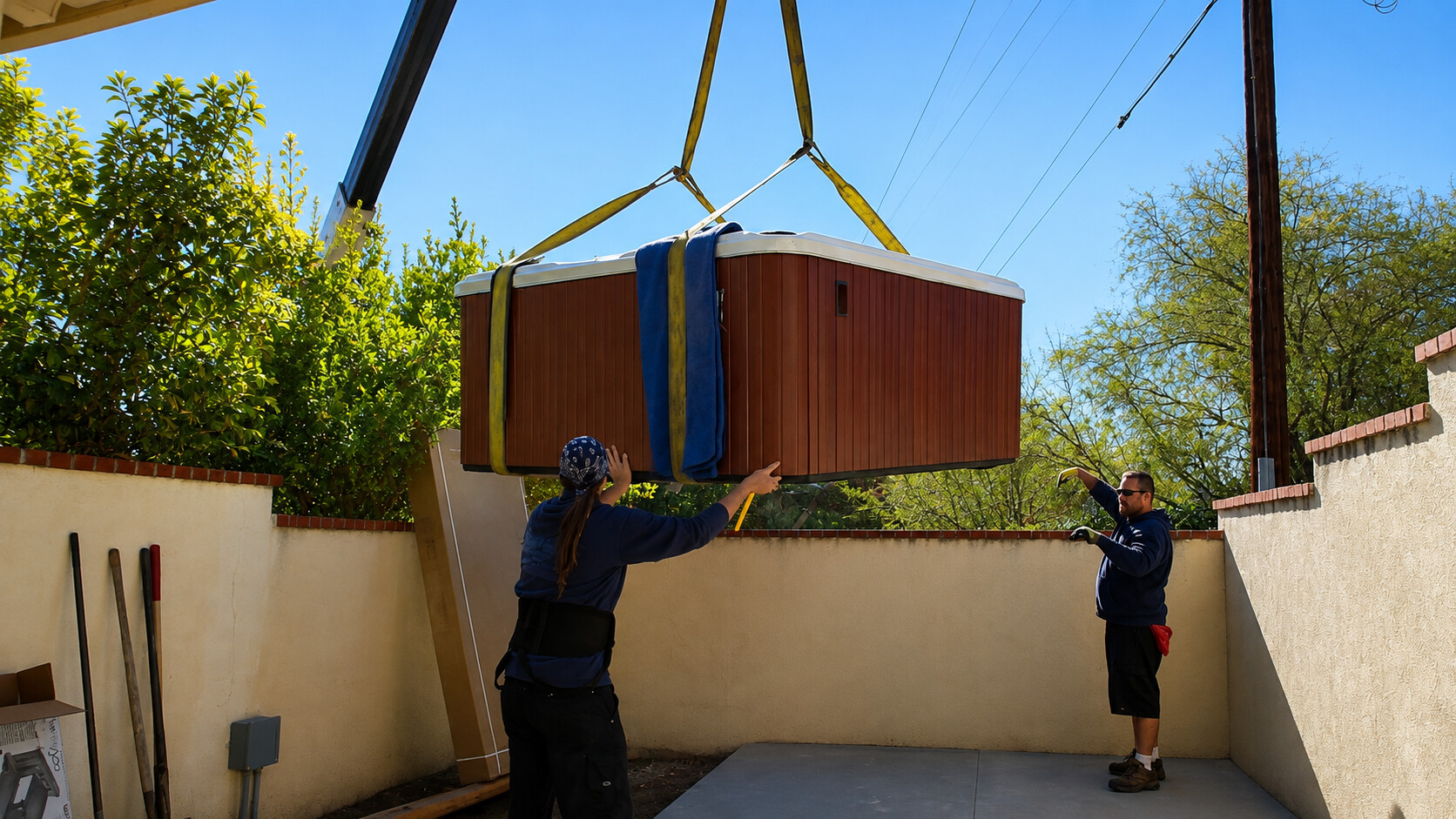 Crane lowering a hot tub into a narrow walled courtyard as two crew members guide it