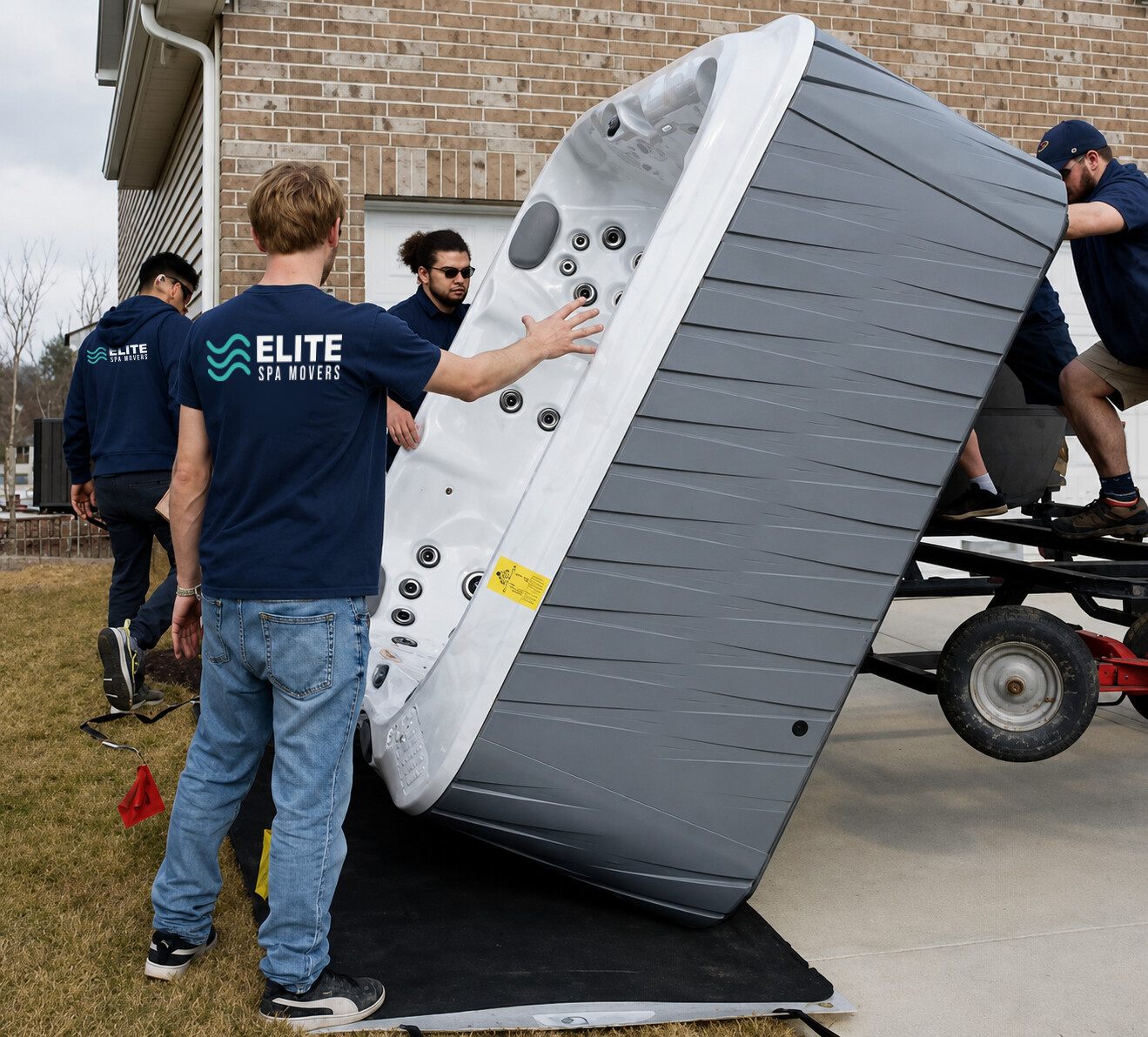 Crew tilting a new hot tub onto a delivery trailer outside a home